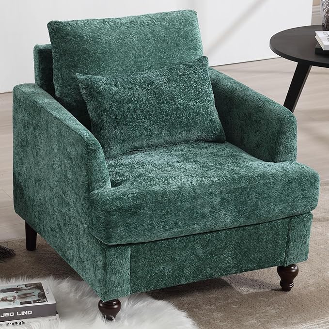Oversized Accent Chair with Lumbar Pillow Upholstered Side Chairs for Living Room Bedroom Comfy Reading Chairs for Adults with Wide Seat Thick Cushion Soft Chenille (Emerald)