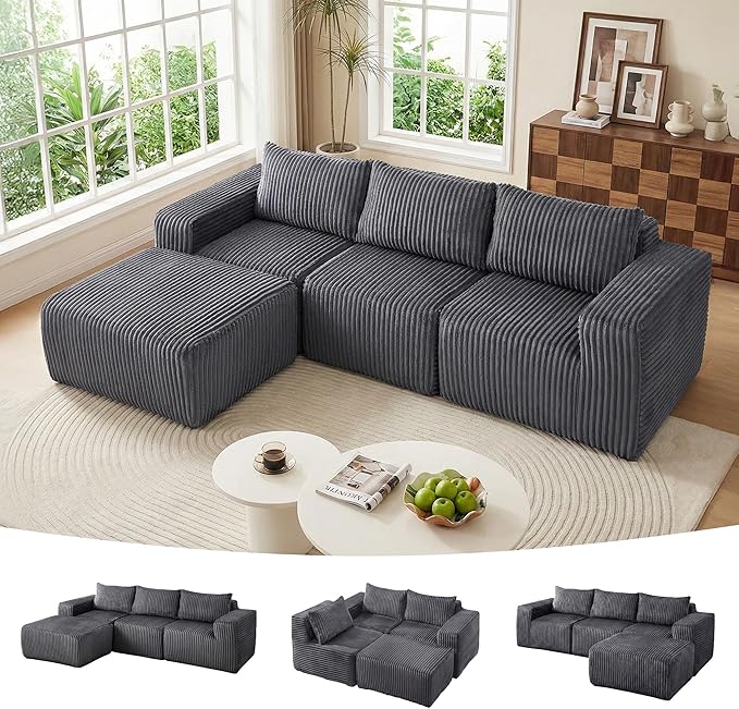 101 Cloud Sectional Couch Memory Foam Comfy Modular Sectional Sofa with Ottoman Corduroy Boneless Couches with Deep Seat L-Shaped Sofa for Living Room No Assembly Required (Dark Gray) | Deep Seat