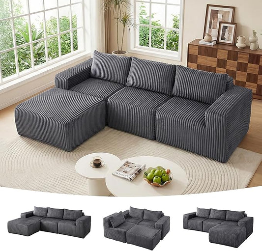 101 Cloud Sectional Couch Memory Foam Comfy Modular Sectional Sofa with Ottoman Corduroy Boneless Couches with Deep Seat L-Shaped Sofa for Living Room No Assembly Required (Dark Gray) | Deep Seat