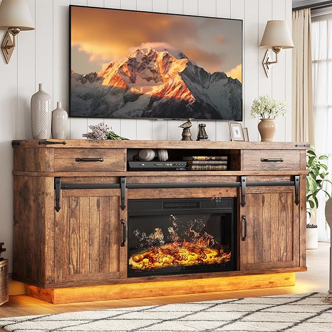 Fireplace TV Stand for TVs up to 65 Electric Fireplace with 3D Flame Farmhouse LED Light Entertainment Center TV Console with with 2 Drawers Sliding Barn Door for Living Room - Brown
