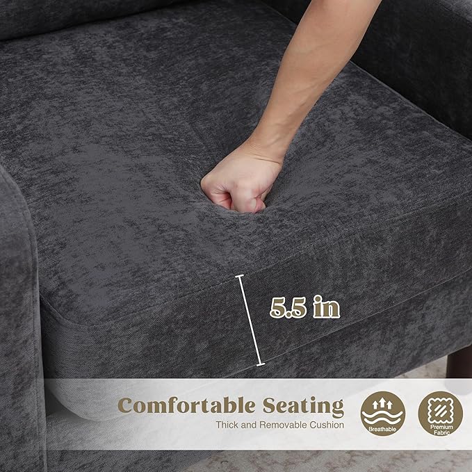 Accent Chair for Living Room Modern Reading Chair for Bedroom Upholstered Armchair with Wood Legs and Side Pockets Single Sofa Side Chair for Office Small Room Apartment Dark Grey