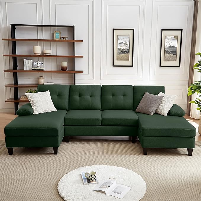 Sectional Sofa Couch for Living Room 111 U Shape Convertible 4 Seat Sofas Modern Polyester Fiber Sleeper Couches with Double Chaise and Portable Armrest (Green)