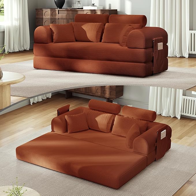 Upgrade High Backrest Design Sofa Bed with Fixed-Shape Frame &amp Removable Armrests and Backrest Corduroy Fabric Convertible Mattress Couch for Small Spaces - No Assembly Needed (High Backrest Ora