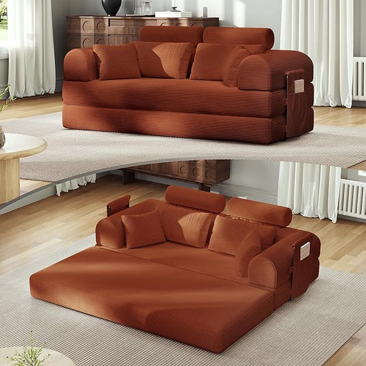 Upgrade High Backrest Design Sofa Bed with Fixed-Shape Frame &amp Removable Armrests and Backrest Corduroy Fabric Convertible Mattress Couch for Small Spaces - No Assembly Needed (High Backrest Ora