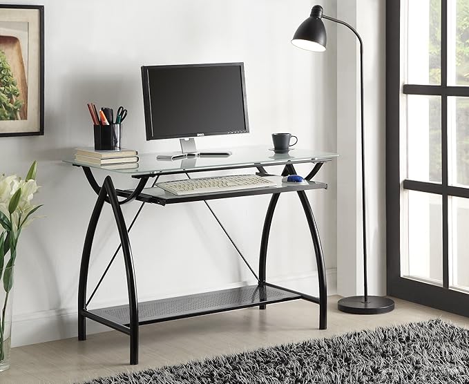 OSP Designs OSP Designs Newport Computer Desk with Frosted Tempered Glass Top Pullout Keyboard Tray and Black Powder Coated Steel Frame