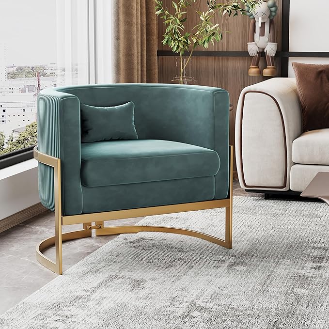 Alunaune Modern Velvet Barrel Accent Chair Upholstered Armchair Mid Century Living Room Chairs Sofa Tub Bucket Club Lounge Side Chair for Bedroom-Lake Blue