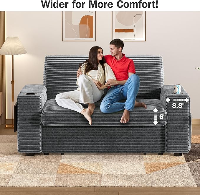 Vipbear 65 Loveseat Sleeper Sofa with Pull Out Bed Plush Corduroy 3-in-1 Convertible Sofa Bed with Reclining Backrest|USB Ports|Cup Holders|Side Table|Storage Armrests Tool Free Assembly Grey