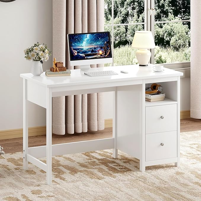 BHG White Desk with DrawersModern Small Computer Desk for Home Office Makeup Vanity Desk Dressing Table for BedroomFiling Cabinet Writing Table PC Desks for Study (White 39.3)