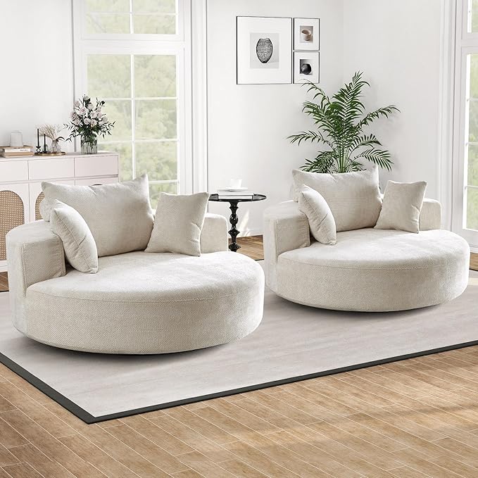SLEERWAY 55W Oversized Swivel Accent Chair Large Barrel Chairs Upholstered Round Swivel Chair Chenille Single Sofa Armchair Modern Sleeper Chair for Living Room Lounge and Projection Room Beige