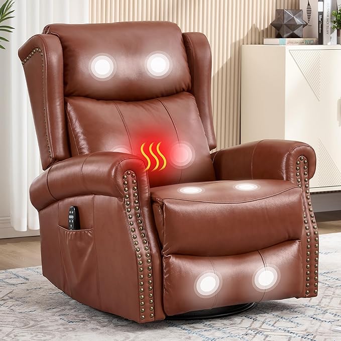 Manual Rocker Swivel Recliner Chair for Adults Vibration Massage Reclining Glider Chair with Lumbar Heat Rivet Design Single Sofa for Living Room Genuine Leather Red Brown