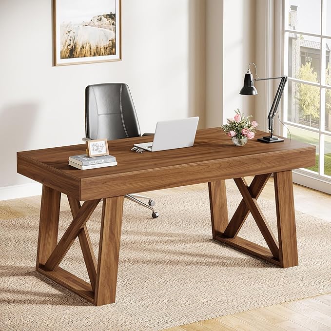 Tribesigns 55 Wide Desktop Executive Desk with Drawer Retro Brown Computer Office Desk Modern Wood Business Workstation Table for Home Office