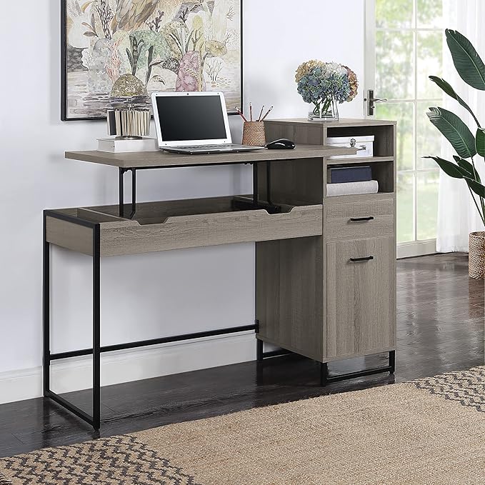 OSP Home Furnishings Hagney Lane Worksmart Sit-to-Stand Desk with 3 Adjustable Positions and Extra Shelves Farm Oak