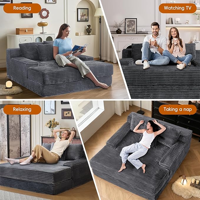 67″Oversized Chaise Lounge Chair Indoor Boneless Couch with Deep Seat Wide Arms Reading Chairs No Assembly Corduroy Chair Upholstered Lounge Sofa for Living Room Grey