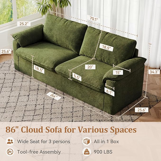 WEUP 86 Loveseat Sofa Green Corduroy Couches for Living RoomMid Century Modern Love SeatSuper Comfy Cloud SofasDeep SeatWide ArmrestSturdy Frame for Bedroom Apartment Office | Breathable Fabr