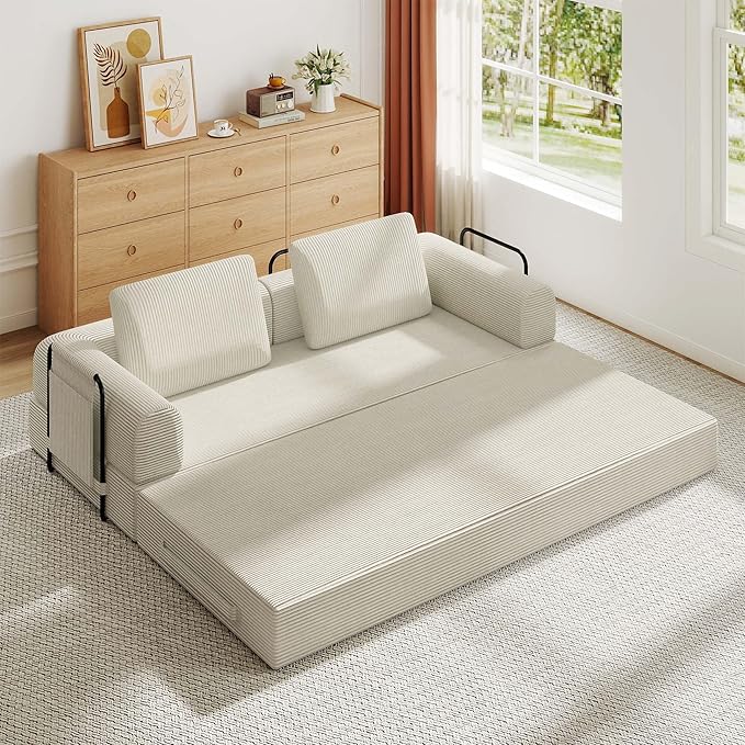 Convertible Sleeper Sofa Bed 3-Seat Corduroy Futon Couch with Cylindrical Pillow Foldable Mattress for Living Room &amp Bedroom 79 Inch Multi-Functional Sofa (Beige)