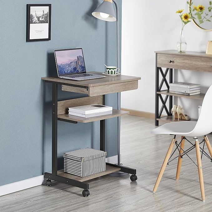 Topeakmart Gray Art Deco Desk Rolling Computer Desk Cart with Drawer Small Space Solution for Writing Laptop PC 22 x 20.1 x 31.5 inches