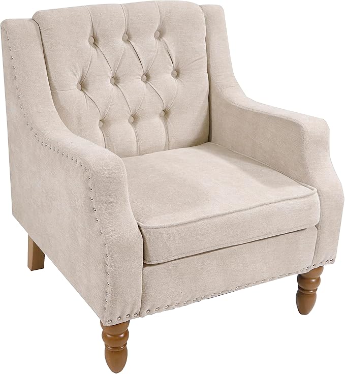 Linen Accent ChairsUpholstered Button Tufted Living Room ChairMid Century Armchair Sofa ChairsComfy Reading Chair for BedroomLiving RoomStudy (Beige 2)