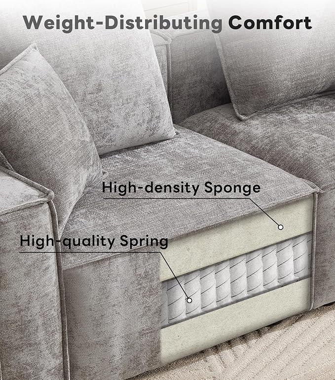 Tbfit 141'' Modular Sectional Sofa Chenille Cloud Couch with Wide Armrests &amp 6 Pillows Deep Seat Couches for Living Room Grey