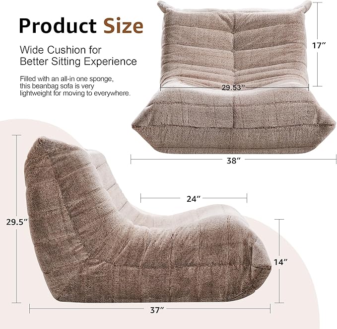 Bean Bag Chairs for Adults Giant Bean Bag Chair Memory Foam BeanBag Chair Bean Bag Sofa with Filler Faux Fur Fireside Beanbags Lazy Sofa for Living Room Bedroom Office (Brown Plush Single)