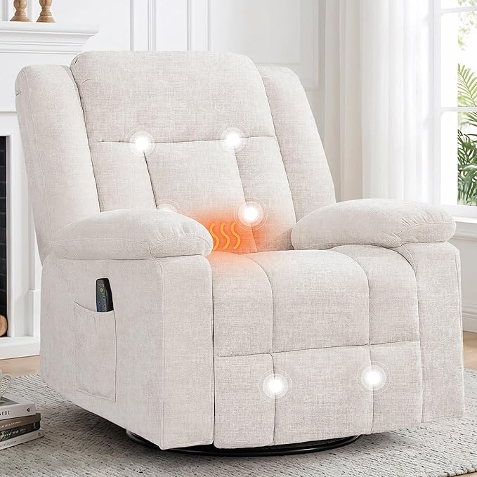 Rocker Recliner Chair for Adults 360° Swivel Rocker Recliner with Massage and Heating Nursery Rocking Chairs with Side Pockets Manual Reclining Chair for Living Room Bedroom or Nursery