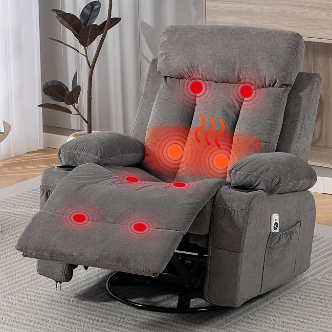 Recliner Chair for Adults 360° Swivel Rocker Glider Recliner w/Vibration Massage and Lumbar Heating Cup Holder and USB Charge Port for Living Room Bedroom Grey