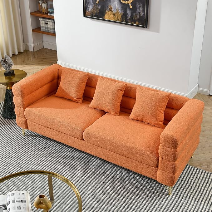 2 Pieces Cloud Sofa Set Teddy Bouclé 3 Seater Couch Sets Upholstered Tufted Modern Sofa with Gold Legs &amp Pillows Comfy Deep Seat Sherpa Couch for Living Room Bedroom Office Apartment(Orange)