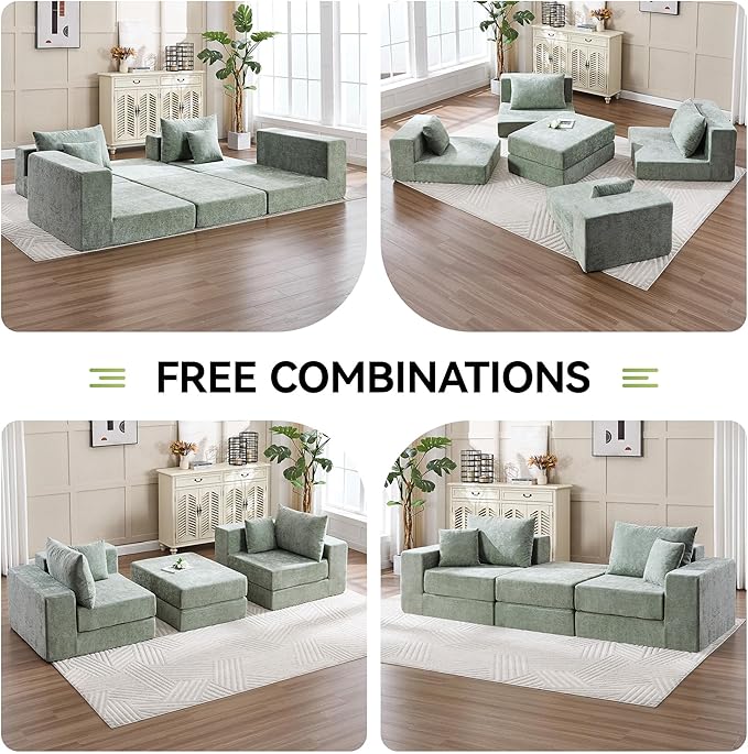 79 Boneless Loveseat Sofa Couch Modular Foldable Floor Cloud Sofa with Ottoman Lounge Convertible Sofa Bed for Living Room No Assembly Chenille Green