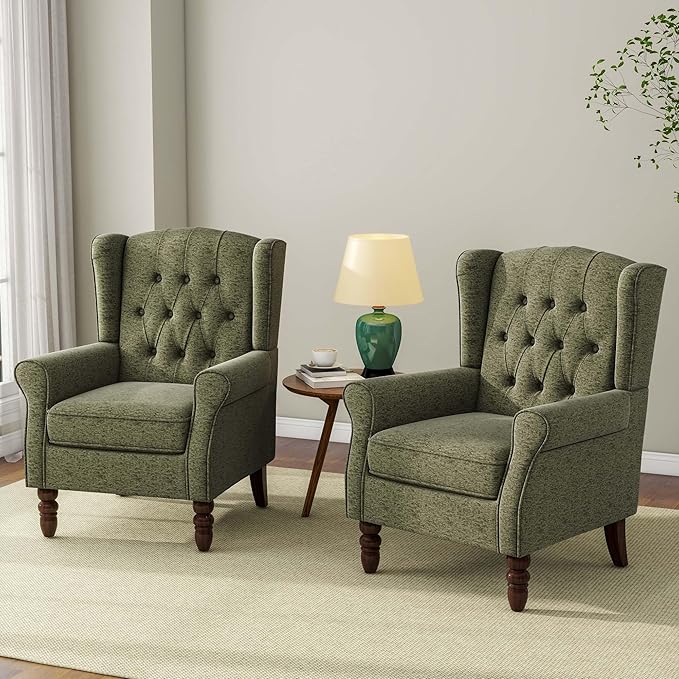 Accent Chair Upholstered Armchair with Button Tufted High Back &amp Solid Wood Legs Comfy Wingback Reading Single Sofa Chair for Small Spaces Living Room Bedroom (Green Set of 1)