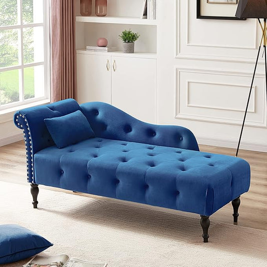 60 Modern Velvet Chaise Lounge IndoorUpholstered Lounge Chair with Left Armrest and Lumbar Pillow Button Tufted Lounge Sofa for Living Room Bedroom OfficeMini Chaise Longue Sofa (Blue)