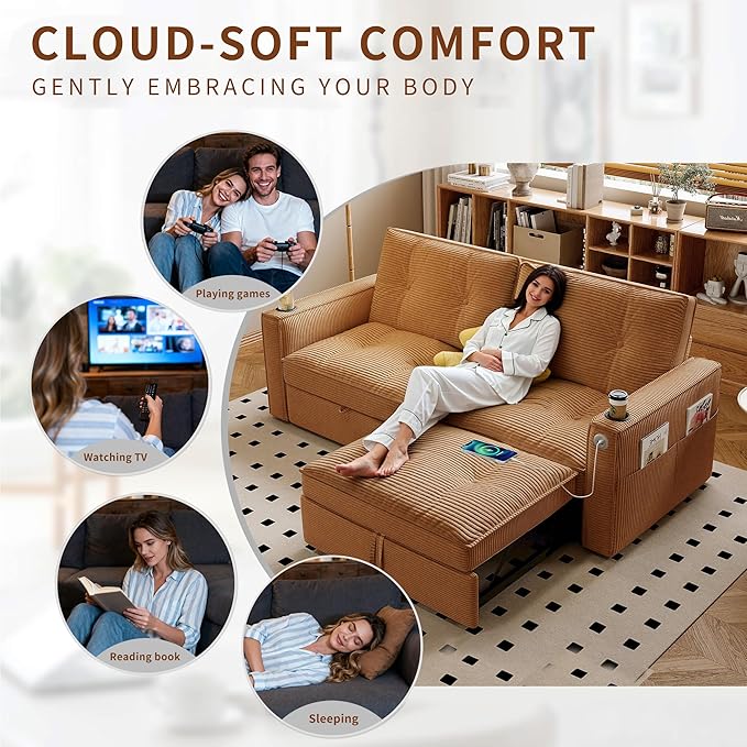 73 Queen Size Sofa Bed Loveseat Sleeper Sofa with Pull Out Bed Pockets and USB Modern 2 Seater Convertible Small Couch for Living Room Bedroom Apartment (Orange Corduroy)
