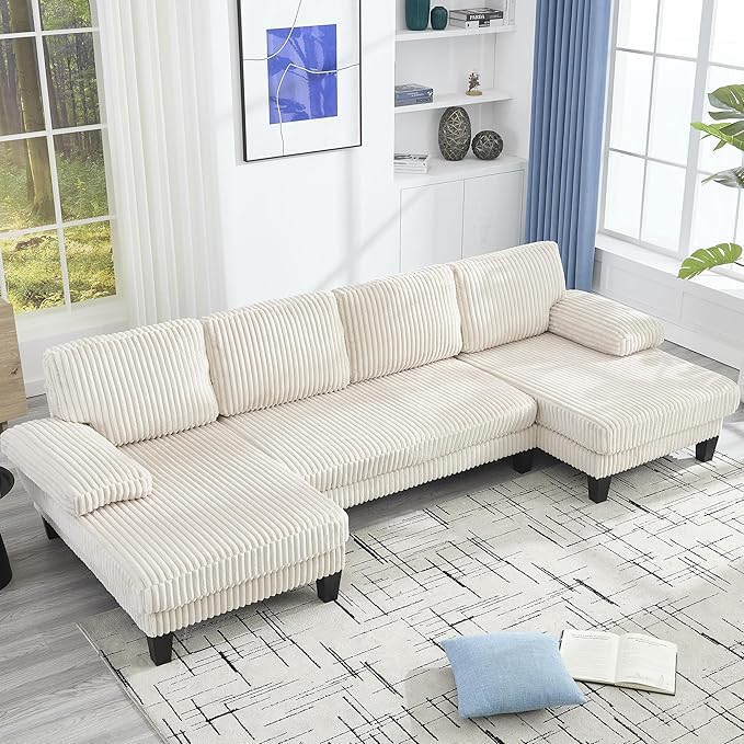 KEIKI 114 U-Shaped Oversized Modular Velvet Sectional Sofa with 2 Chaise Lounge Modern Style Upholstered 4-Seater Couch with Soft Seat Cushions Easy Assembly for Apartment Living Room Beige