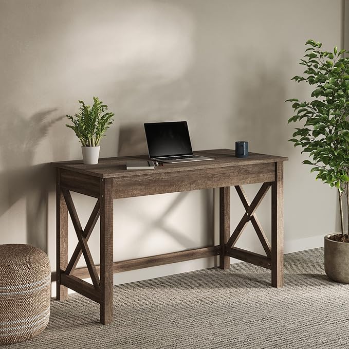 Writing Desk - Work Desk with X-Pattern Legs - for Office Bedroom Computer or Craft Table - Home Office Desks by Lavish Home (Tan Wood Finish)