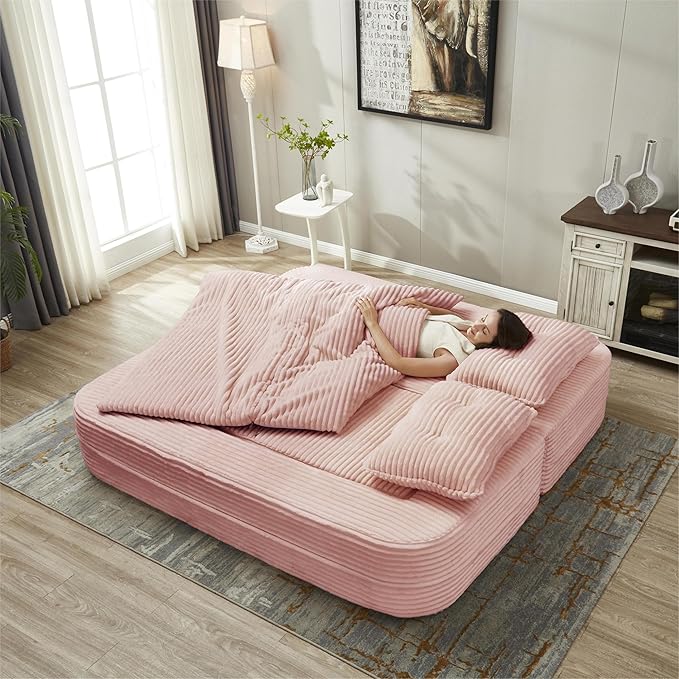 2 Pieces Sofa and Loveseat Set 80'' King Size Folding Sofa Bed with Chaise Lounge 2-in-1 Convertible Floor Sofa Bed Corduroy Boneless Couch Memory Foam Couches for Living Room Pink