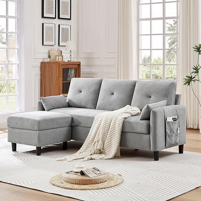 77 Convertible Sectional Sofa Couch Modern 3-Seat L-Shaped Couch with Reversible Ottoman and Storage Pocket Small Sectional Couches for Living Room Apartment and Small Spaces Light Grey