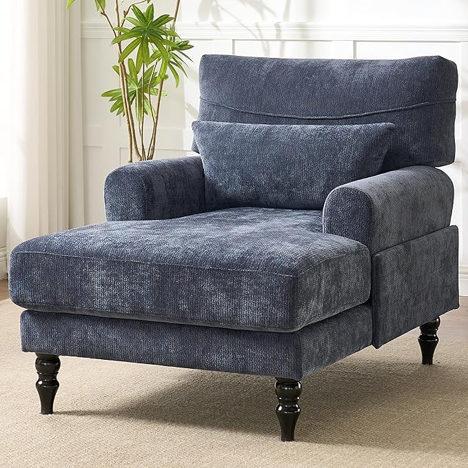KEIKI Chaise Lounge Chair Indoor Modern Leisure Sleeper Sofa Chair w/Double Deep Cushion Accent Upholstered Reading Side Armchair Recliner Arm Chairs for Living Room &amp Bedroom Easy Assembly B