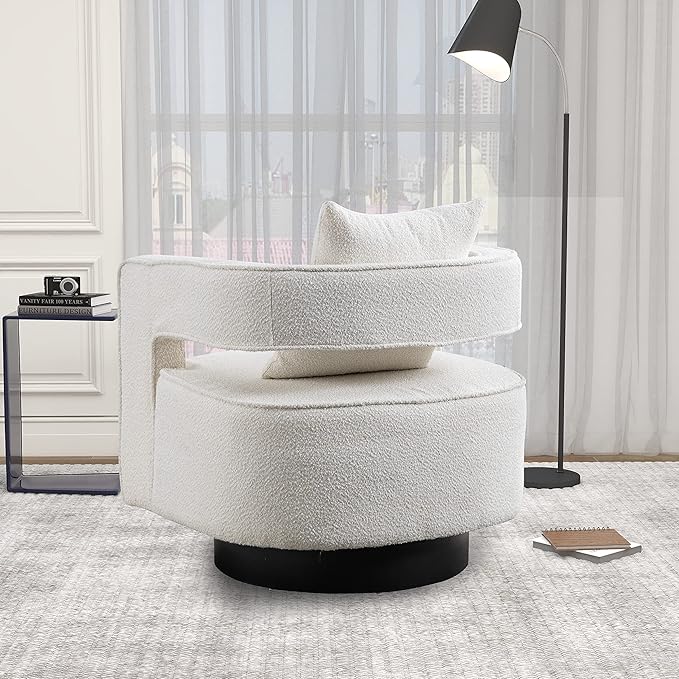 Mid Century Modern Boucle Swivel Accent Chair 2 Pack Comfy Open Back Sofa Chair with Black Wood Base for Nursery Bedroom Living Room Club Swivel Lounge Chairs (2pcs Chair Ivory)