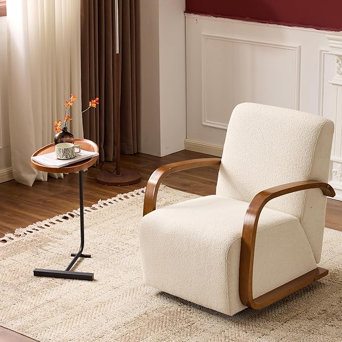 Modern Comfortable Reading Chair360°Swivel Accent Chair with Solid Wood Curved ArmsElegant Knit Linen Single Sofa for Living RoomBedroomOfficeReading NookBeige Set of 2