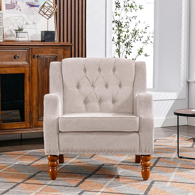 Beige Accent Chair Living Room Chair Footrest Chair Set with Vintage Brass Studs Button Tufted Upholstered Armchair for Living Room Comfy Reading Chair for Bedroom Reception Room