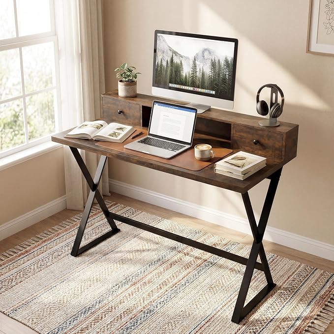 Manora Computer Desk with Drawers and Monitor Stand 47 Home Office Desk with Storage Shelf Rustic Brown Writing Study Table with Metal Frame for Bedroom Workstation for Laptop PC
