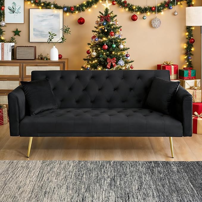 71 Futon Sofa Bed VelvetConvertible Sleeper Sofa CouchModern Folding Futonwith 3 Adjustable Backrests and 2 Pillowsfor Small Living Room Bedroom Office (Black)