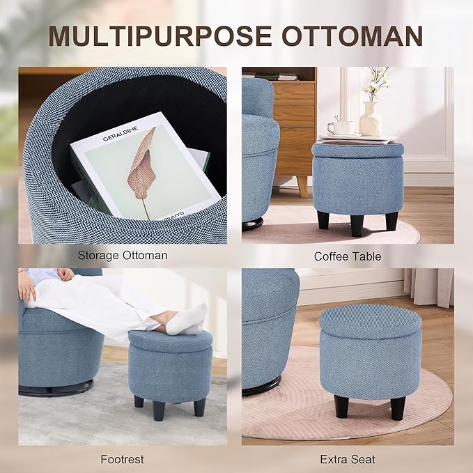 LOULENS Swivel Accent Chair and Ottoman Set Linen Fabric Upholstered Modern Barrel Chair with Ottoman Comfy Single Sofa Armchair with Footrest for Living Room Bedroom Reading Blue