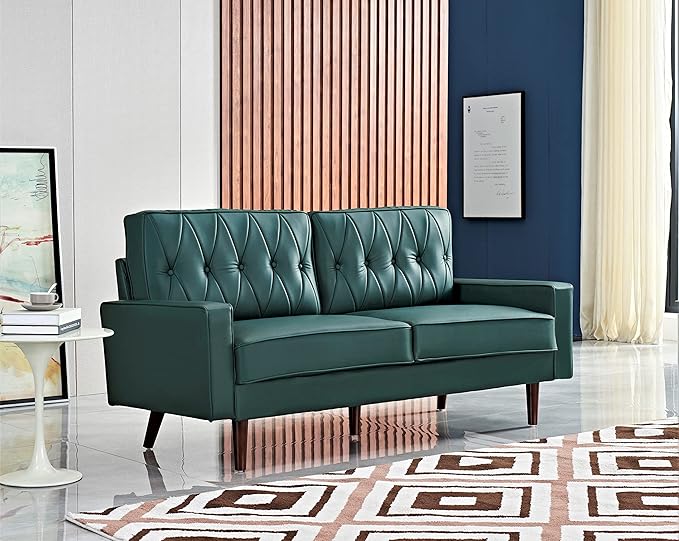 Container Furniture Modern Style Faux Leather Sofa with Elegant Round Tapered Legs and Button Tufted Backrest Perfect for Living Room Bedroom or Home Office 69.3’’ Wide Blue Green