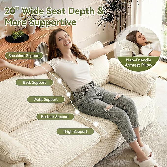 86 Loveseat Sofa Beige Corduroy CouchModern Cloud Sofa Love Seat Deep Seat Slipcovered Sofa with 2 Wide Armrest Pillows for Small Spaces Apartment Studio Office Bedroom Living Room
