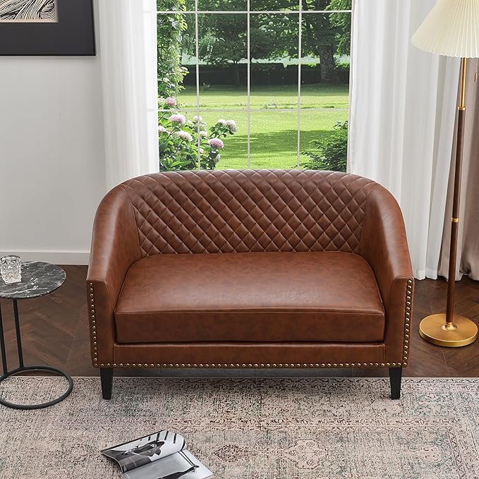 KINWELL 50 Faux Leather Small Barrel Love Seat Settee Diamond Tufted Back Compact Loveseat Sofa with Nailhead Trim Modern 2-Seater Couch with Solid Wood Legs for Small Spaces Apartments Brown