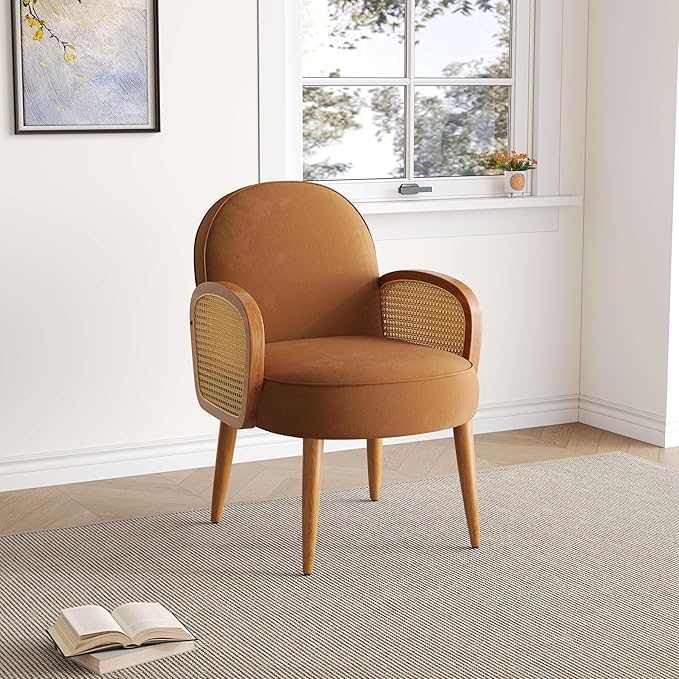 Mid Century Accent Chair with Rattan Armrests Wooden Legs for Living Room Reading Bedroom Balcony Brown