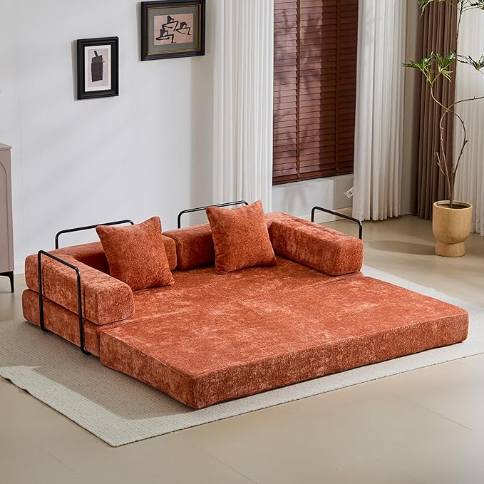 Convertible Couch Sofa Bed Foldable Floor Sleeper | Modern Fold Out Couch | Removable Backrest &amp Armrests | No Assembly Compression Sofa Sleeper for Living Room Bedroom | Orange Chenille