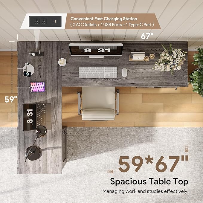 L Shaped Farmhouse Executive Desk with Drawers 67 Home Office Desks with Fast Charging Station Lockable File Cabinet Wood Writing Computer Desk for Work Study Grey