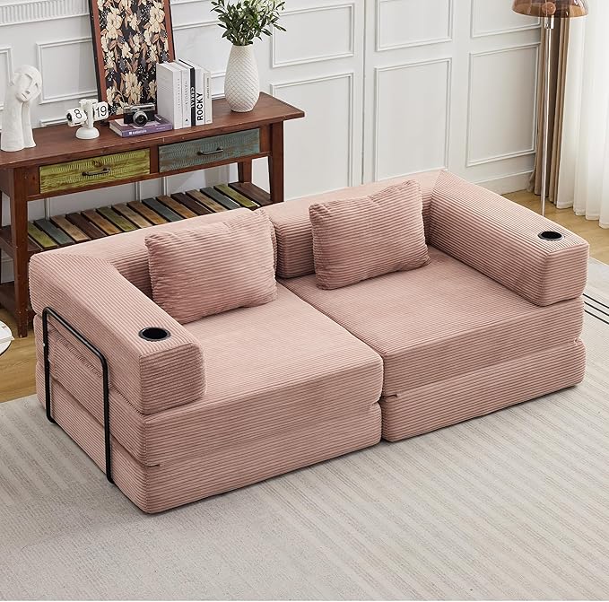 78 Loveseat Sleeper Sofa 4 in 1 Convertible Floor Sofa Bed Boneless Cloud Couch with Cup Holder Fold Out Floor Couch for Living Room Bedroom Lounge Corduroy Pink