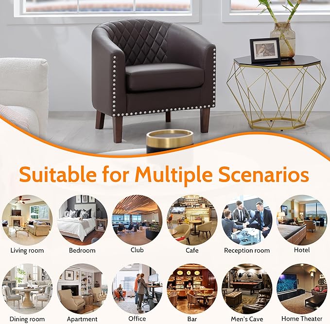 PrimeZone Barrel Chair Comfy Accent Chair Faux Leather Living Room Chairs Club Chairs with Cushion Nailhead Trim and Diamond Mesh Backrest Reading Chairs for Bedroom Waiting Room 4PCS Brown