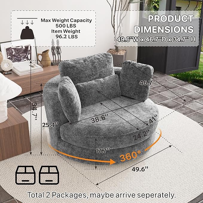 49.6''W Swivel Accent Barrel Chair Oversized Chenille Upholstered Round Single Couch Sofa with 4 Pillows for Living Room Apartment Bedroom (Gray).